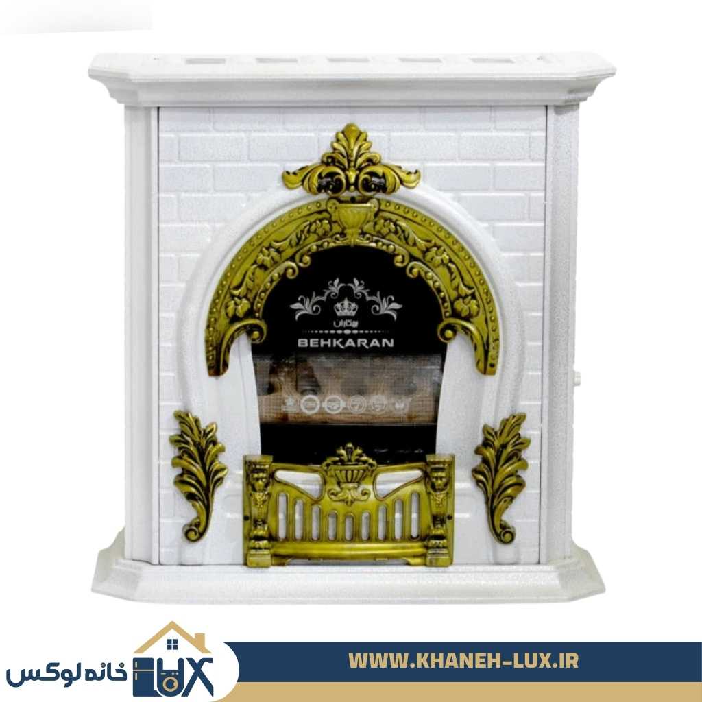 بخاری گازی بهکاران 36000 طرح شومینه سفید طلایی