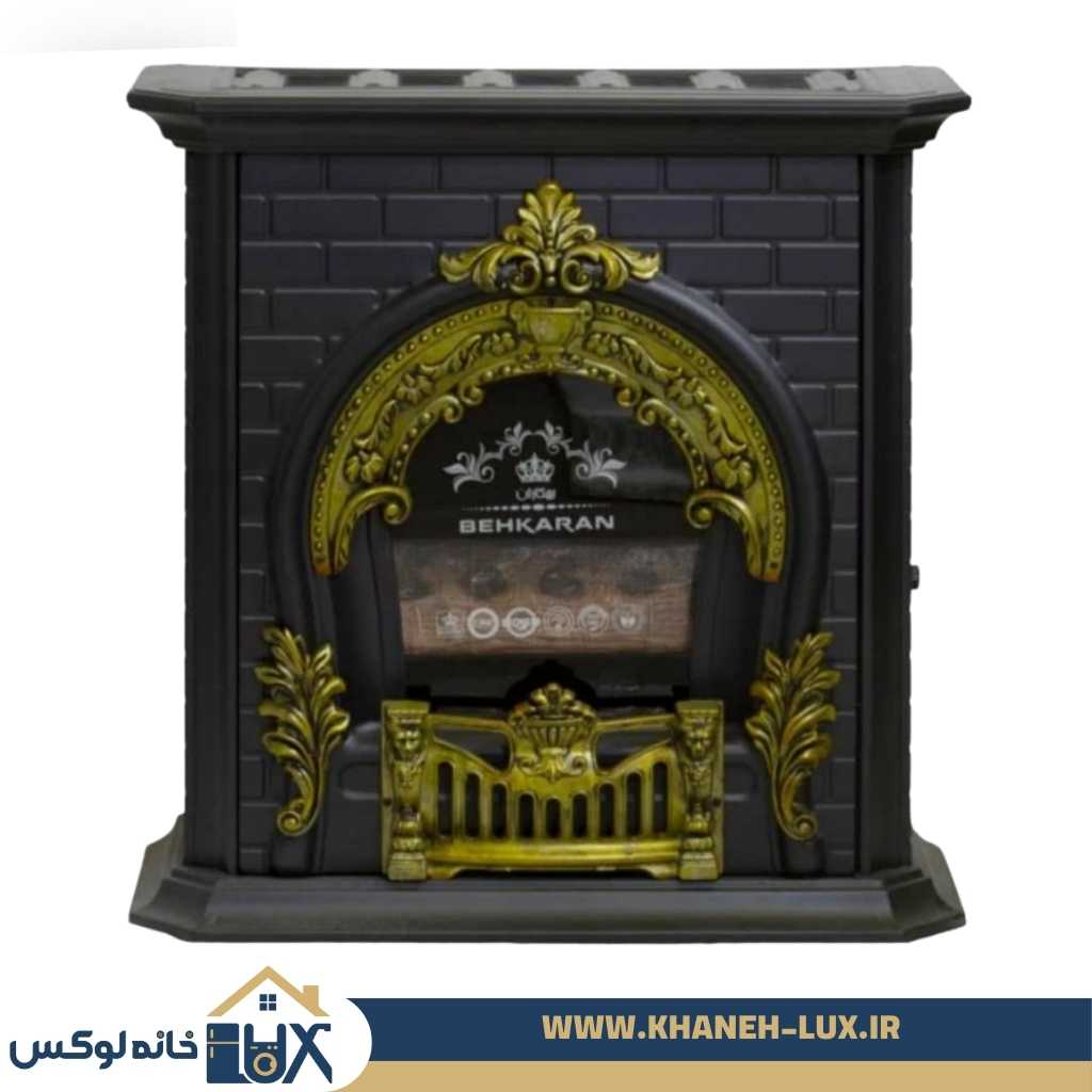 بخاری گازی بهکاران 36000 طرح شومینه مشکی طلایی